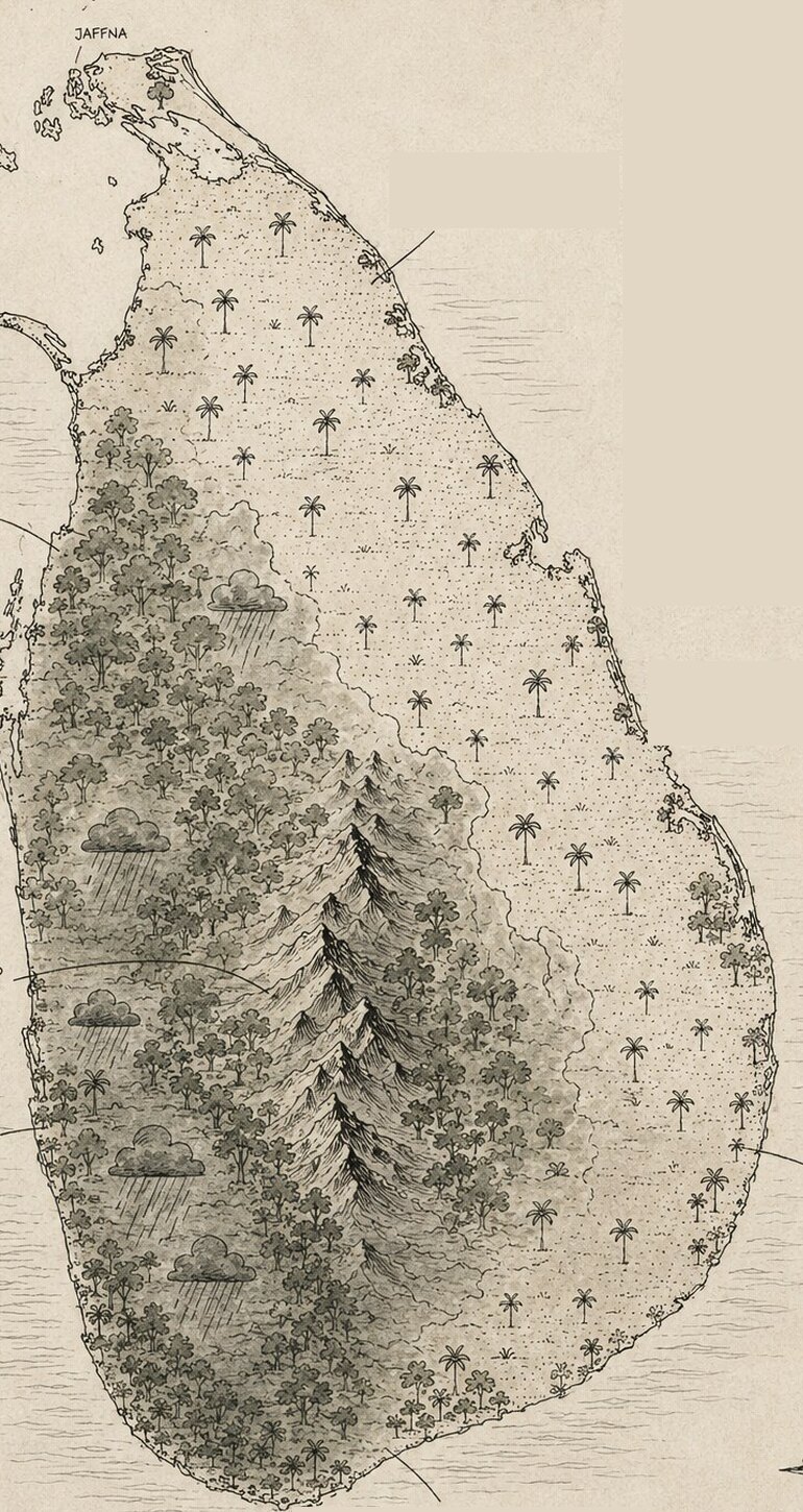Handgezeichnete Karte Sri Lankas. Eine Linie verbindet die Orte, aus denen bisher berichtet wurde: Negombo, Arankele, Yapahuwa, Anuradhapura, Mihintale, Anuradhapura, Mihintale, Padaviya, Girihandu Seya, Nilaveli, Koneswaram, Seruwila, Lankapatuna Samudragiri Viharaya, Public Market, Batticaloa, Leuchtturm Batticaloa, Seruwila Mangala Raja Maha Vihara, Polonnaruwa, Königspalast, Tampita Viharaya, Habarana.