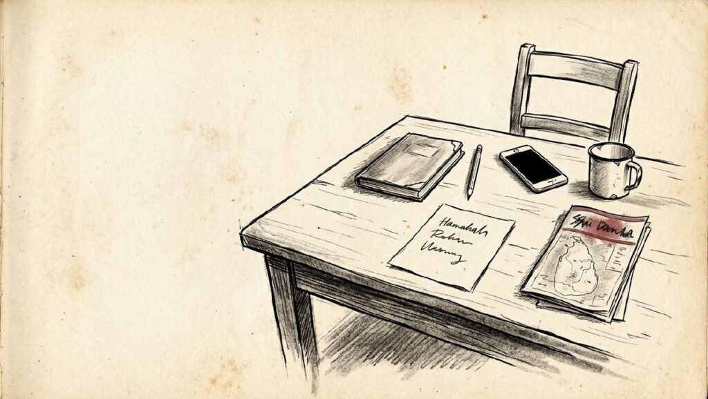 Tuschezeichnung auf altem Skizzenbuchpapier: ein schlichter Holztisch mit geschlossenem Notizbuch, Bleistift, ausgeschaltetem Handy, Emailletasse, einem Zettel mit drei unleserlichen Namen und einer Karte von Sri Lanka. Der Stuhl dahinter ist leer und zurueckgeschoben.